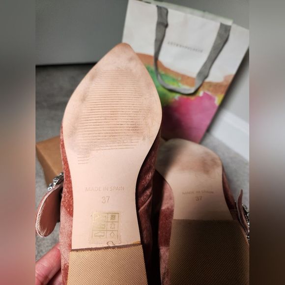 LikeNew w/Box Anthropologie Mary Jane Embellished Buckle Flats || Taupe Size 6.5 - Picture 9 of 11